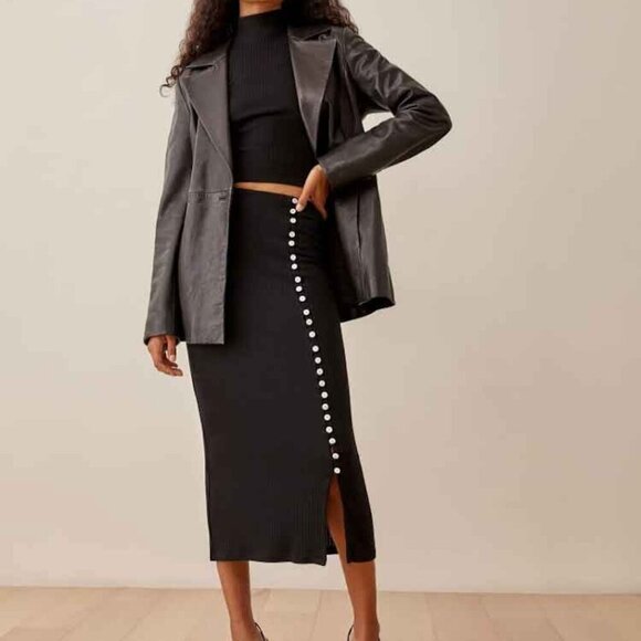 Reformation Women's Alberta Green Ribbed Midi Skirt Pencil Button Down Size L - Picture 1 of 7